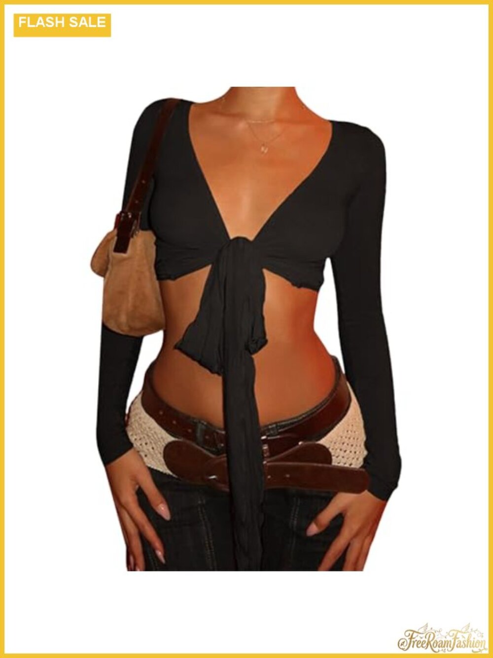 Crop Top Wrap Blouse Tie Front Deep V Long Sleeve Y2K Going Out Shirt